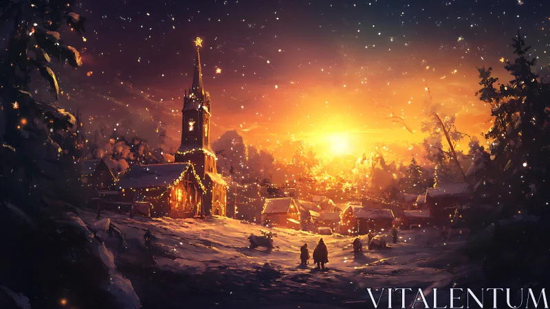 Snow-covered village and lit church at winter sunset scene.