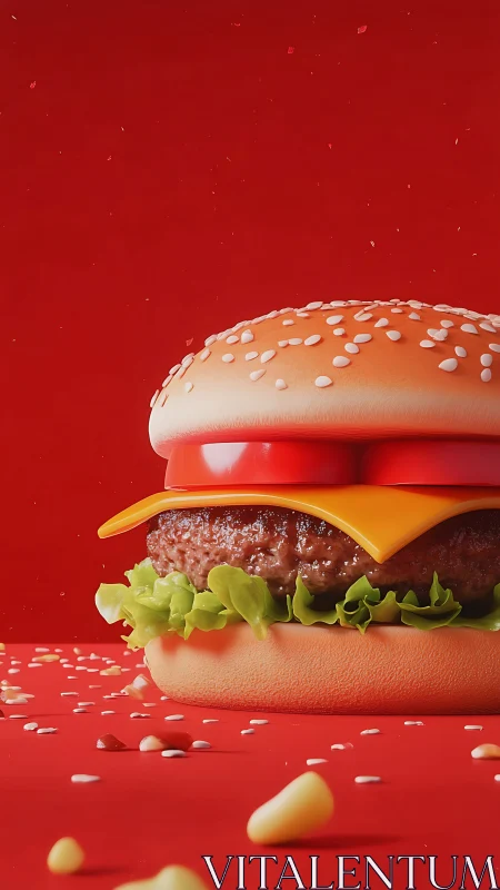 Cheeseburger on red background with sesame seeds scattered.