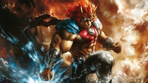 Feral star warrior erupts through blazing cosmic maelstrom.