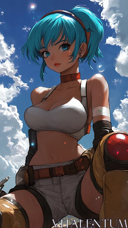 Sky-bright anime explorer rests confidently under soft clouds