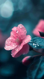Pink flower with water droplets and teal background.