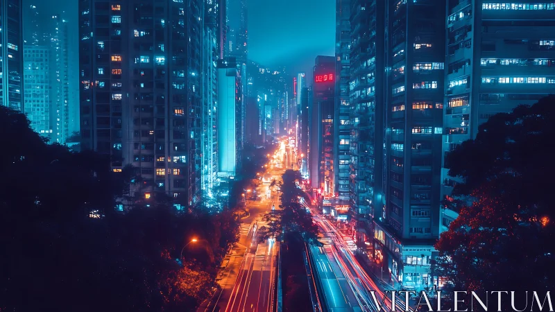 Neon-soaked highrise canyon over motion-blurred city traffic.