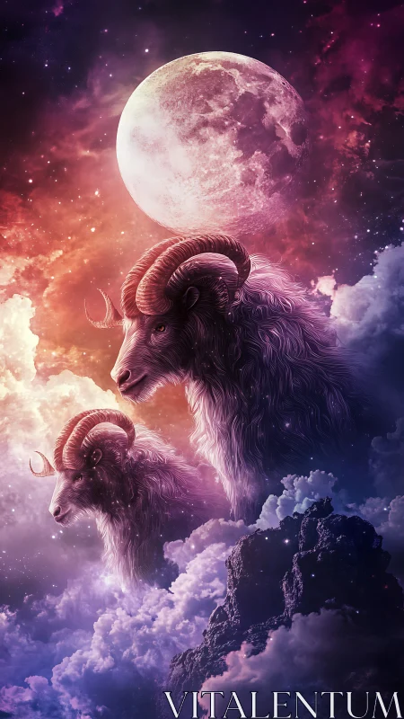 Two ethereal rams beneath full moon in vivid nebula sky.
