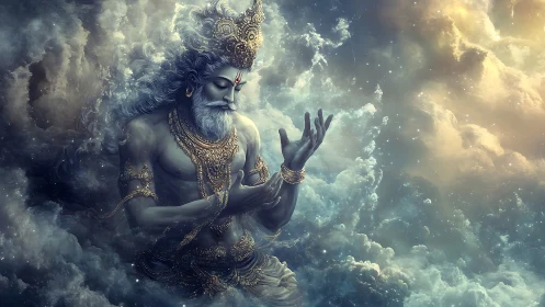 Mythic male figure in ornate gold jewelry within clouds.