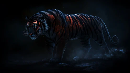 Midnight tiger glows with fiery stripes in moonlit shadows.