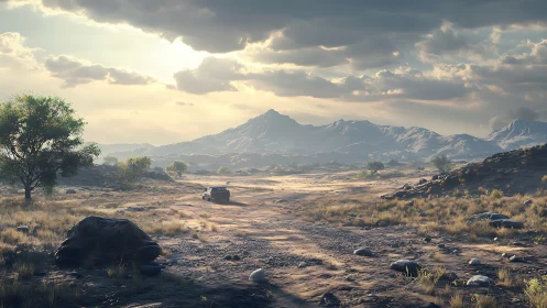 Off-road SUV on dusty valley track under dramatic evening sky