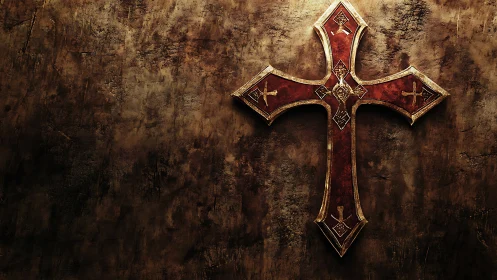 Red ornate metal cross mounted on distressed wall surface