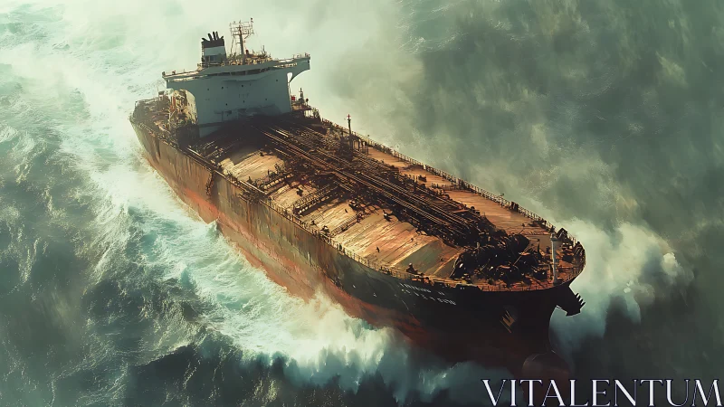 Rust crowned tanker carving wild teal tempests at dusk.