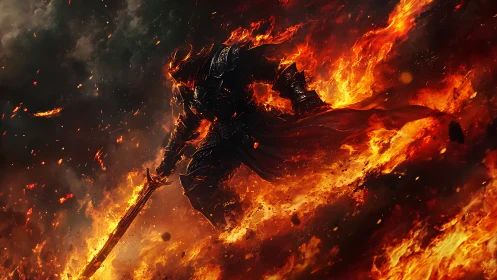 Inferno clad warlord striding through a storm of burning dawn.