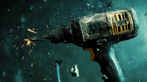 Cordless impact drill in mid‑burst with debris and hot sparks.