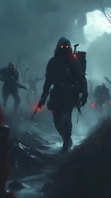 Hooded soldiers advance through toxic misted marshland.