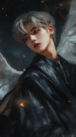 Silver haired angelic figure in black cloak at night.