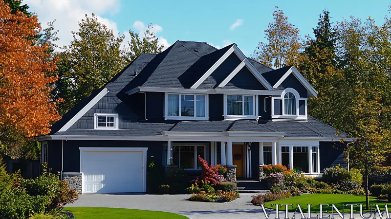 Midnight-blue suburban manor basks in crisp autumn sunlight.