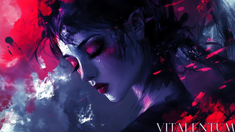 Dream-drowned portrait in electric crimson and midnight blue.