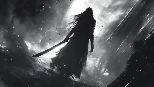 Backlit spectral swordsman in high-contrast ruinous corridor.