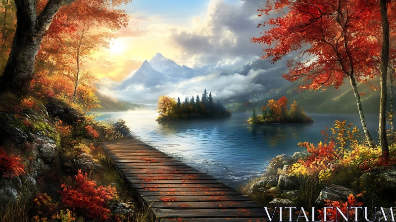 Wooden lakeside walkway facing distant misty mountains.