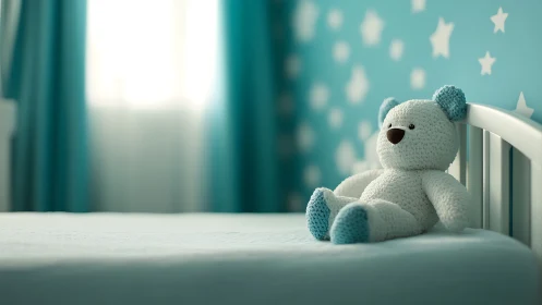 Stuffed teddy bear on bed in blue star themed nursery.