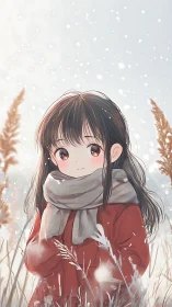 Winter meadow girl smiles softly amid falling snowflakes.
