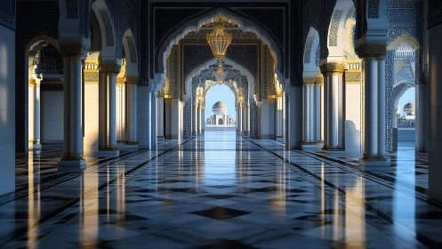 Sunlit marble mosque corridor shows ornate Islamic arches