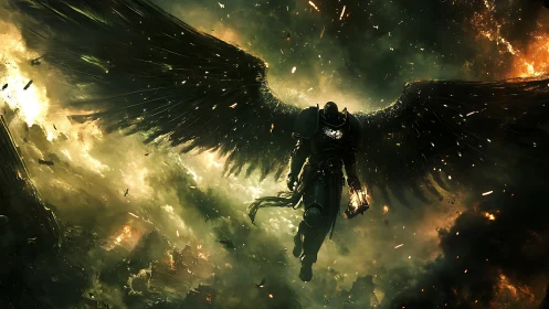 Armored dark angel descends in firelit apocalyptic skies