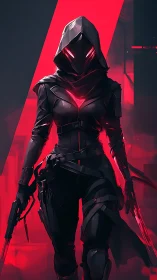 Hooded cyber assassin advances through neon red shadows