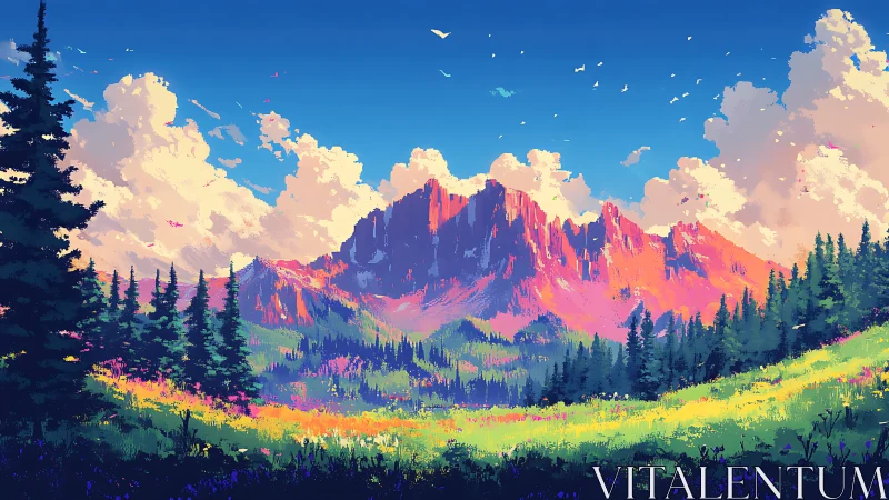 Vibrant pixel mountain range over pine forest valley.