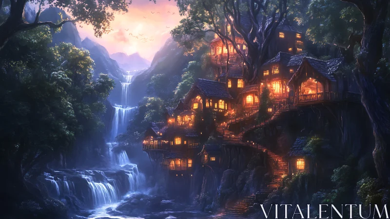 Glowing forest cliff village beside cascading waterfalls at dusk.