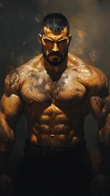 Powerful warrior stands strong in a storm of warm light.