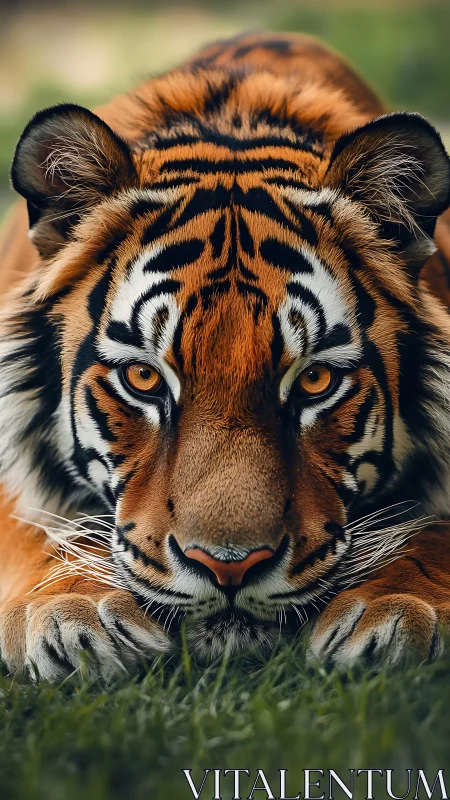 Crouching tiger portrait with intense amber gaze in grassland.