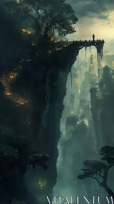 Vertiginous bioluminescent canyon city with lone bridge observer.