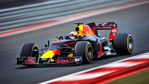 Scarlet thunder F1 racer knifes through a blurred racetrack storm.