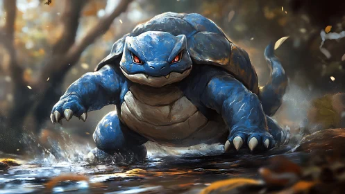 Armored blue creature charging through sunlit forest stream.