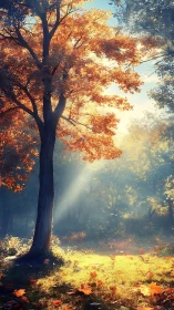 Sunlit autumn tree in calm forest clearing at sunrise.