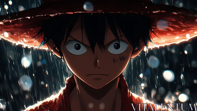 Straw hat swordsman faces storm under cinematic rain glow