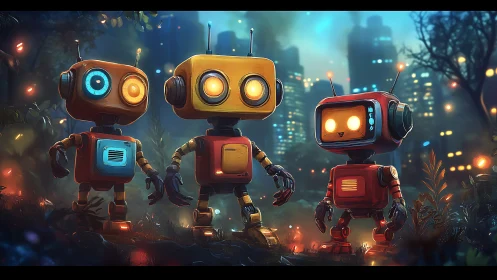 Cozy robot trio exploring a glowing cityside twilight grove.