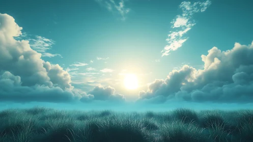 Sunlit horizon intersects low grassland under dense clouds