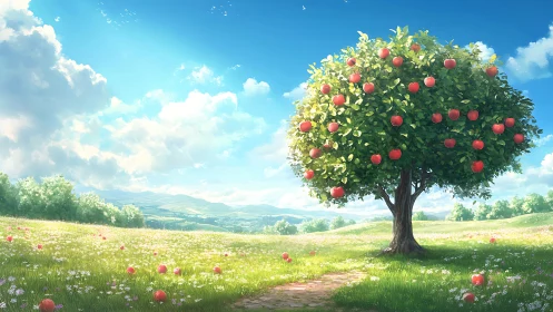 Single apple tree stands in open meadow under clear daylight