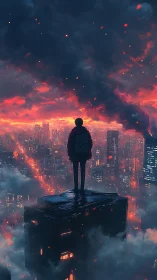 Solitary dreamer watching a storm-lit neon city burn bright.