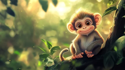 Juvenile monkey portrait on sunlit rainforest tree branch