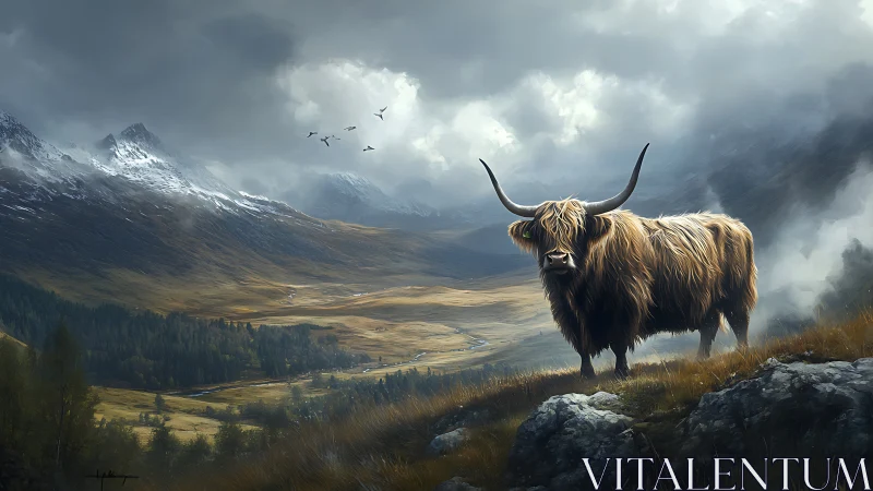 Highland cow stands watch in dramatic misty mountain valley.