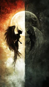 Dual winged figures contrasted against split moon backdrop.