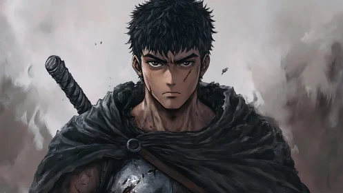 Battle worn swordsman portrait with tattered cloak and greatsword