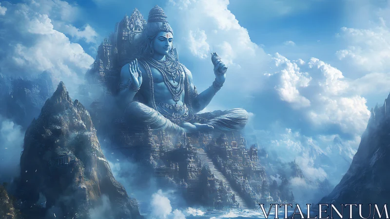 Colossal seated deity figure integrated into mountain landscape.