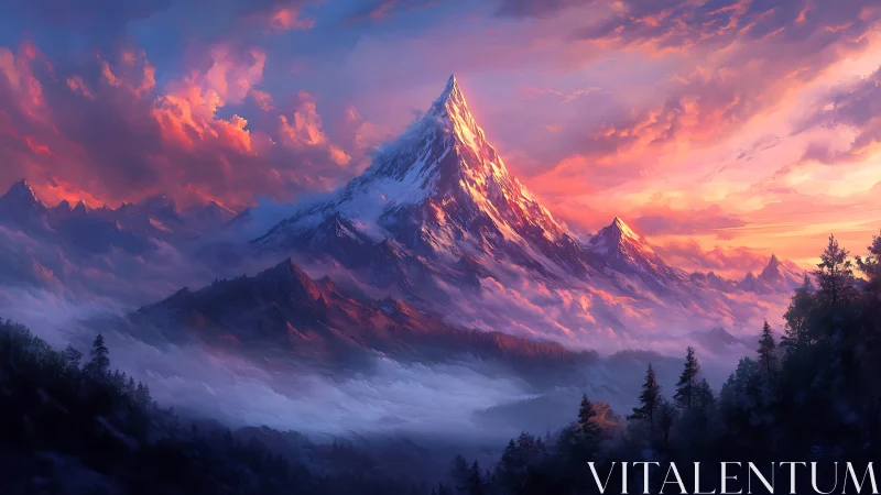 Radiant sunrise washes a towering snow peak in gentle light