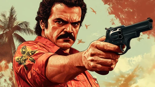 Man in red shirt aiming revolver in stylized landscape.