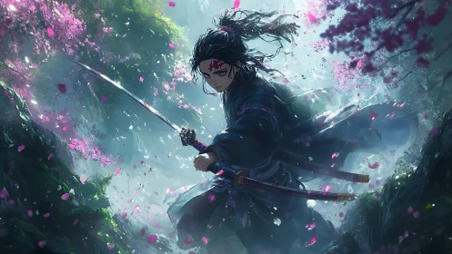 Samurai warrior readies katana under falling cherry petals.