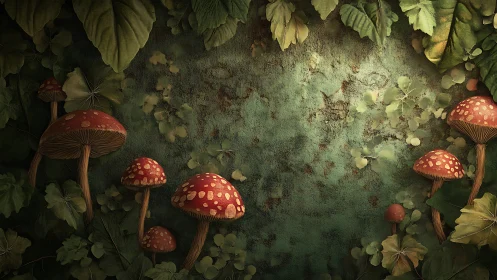 Forest mushroom border framing textured moss wall.