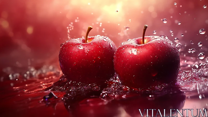 High-gloss red apples with water droplets in dynamic splash