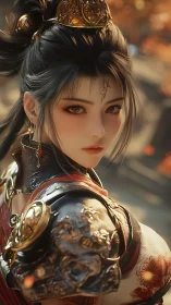 Rendered warrior portrait depicts armored figure in profile