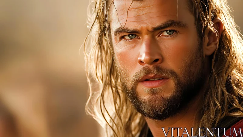 Close-up of long-haired bearded man in warm light.